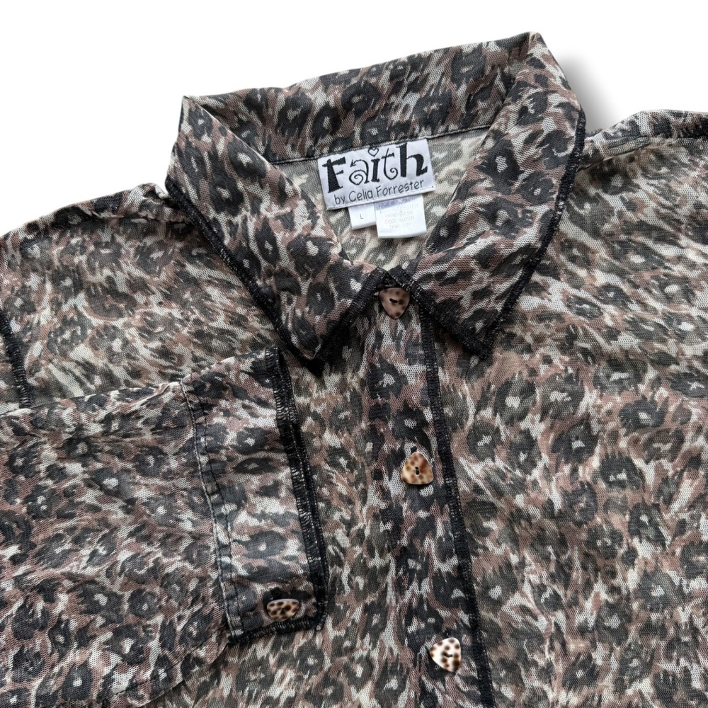 Faith by Celia Forrester Women's L Brown Leopard Sheer Mesh Button Up Blouse Y2K